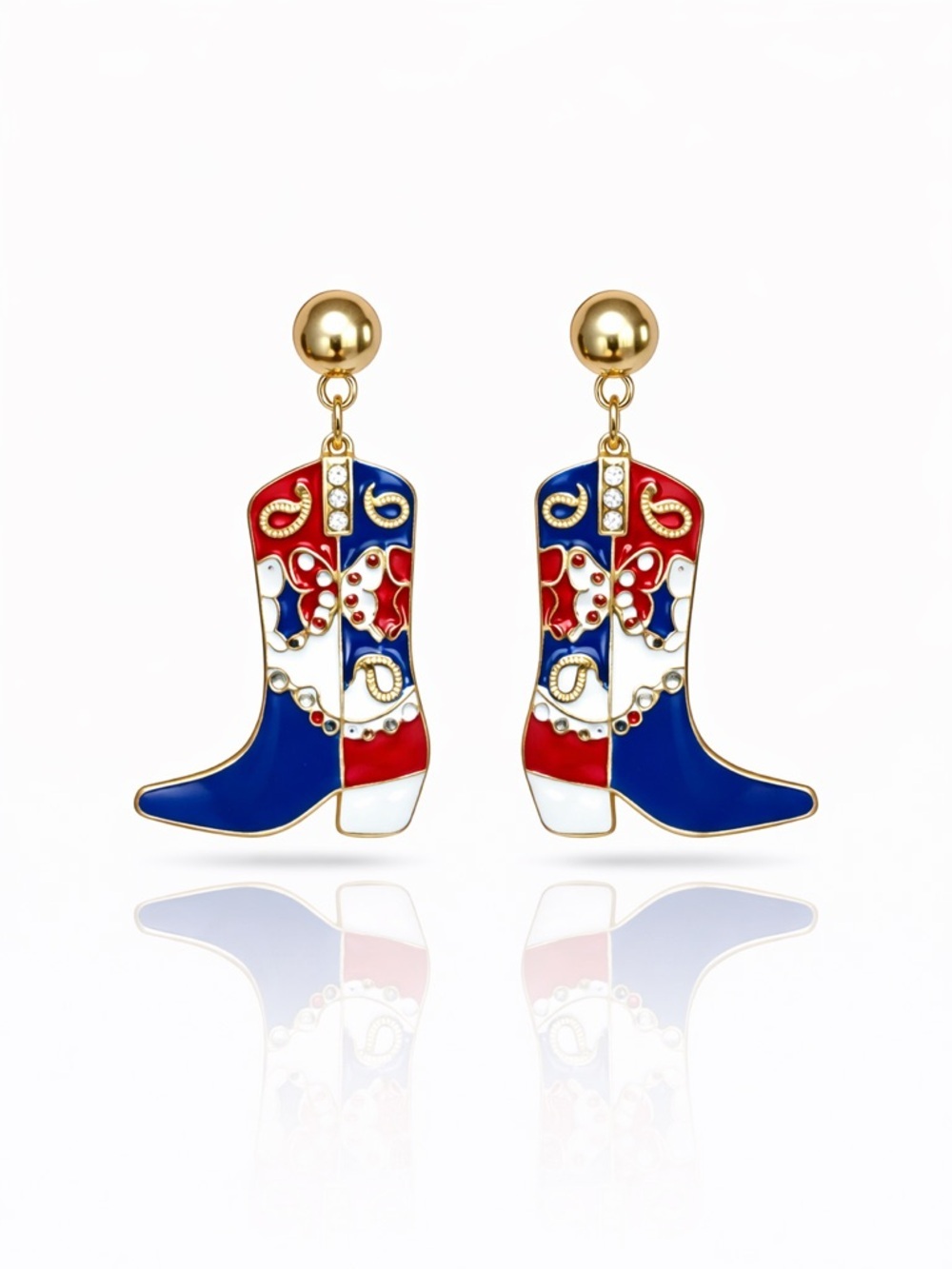 Gold Red, White & Blue Cowgirl Boot Drop Earrings